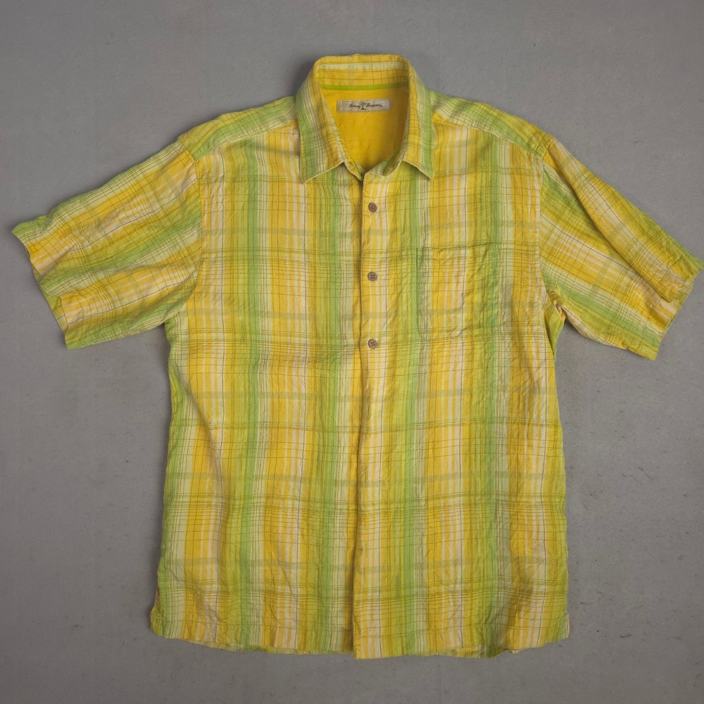 Tommy Bahama Mens Silk Short Sleeve Button‎ Up Shirt Yellow Green Plaid Size M